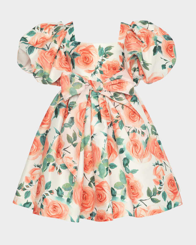 Girl's Rose Balloon-Sleeve Dress, SIze 3T-12